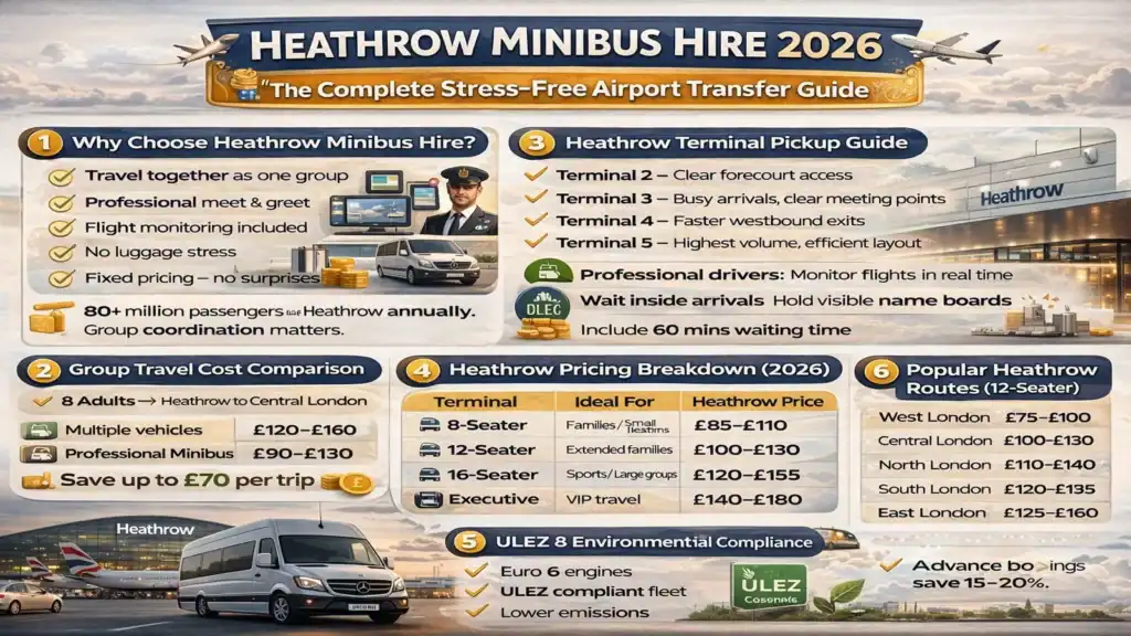 Heathrow minibus hire infographic showing airport transfer pricing, vehicle sizes, terminal pickup guide, ULEZ compliance, and cost comparison for group travel.