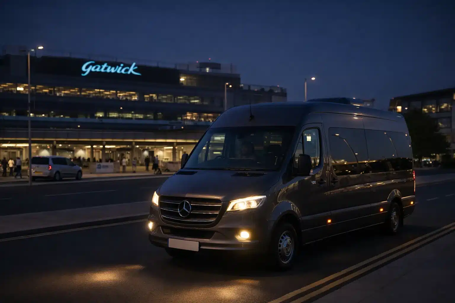 luxury dark grey mercedes minibus parked at gatwick airport in the evening with lights on