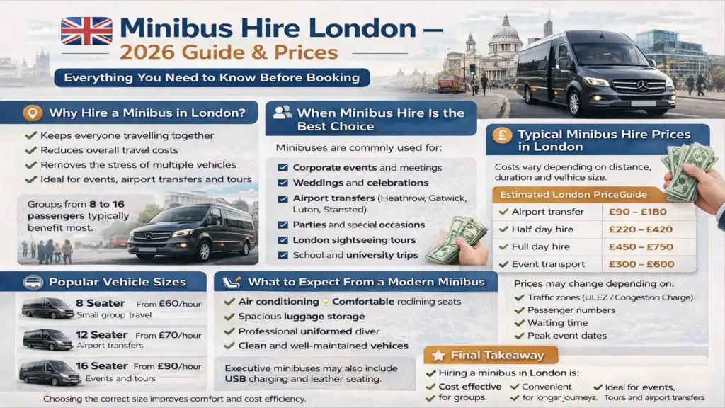 Infographic explaining minibus hire London in 2026 including prices, vehicle sizes, booking tips, and benefits of hiring a minibus for group travel.