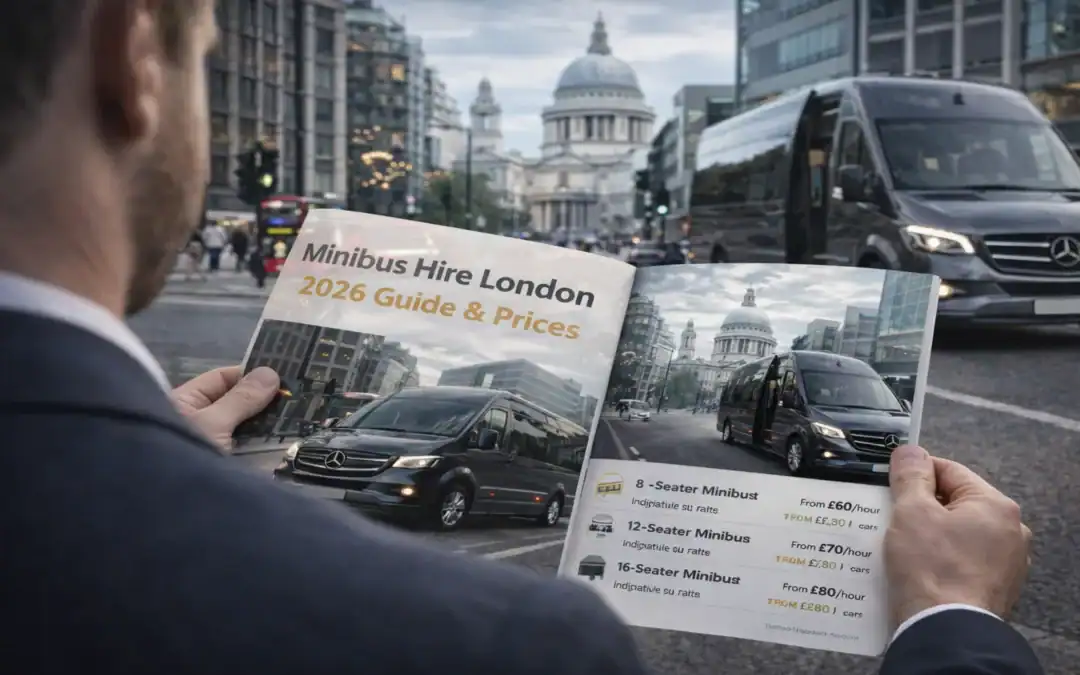 Luxury Mercedes Sprinter minibus in central London with St Paul’s Cathedral as a business traveller reviews a minibus hire London 2026 guide and prices.
