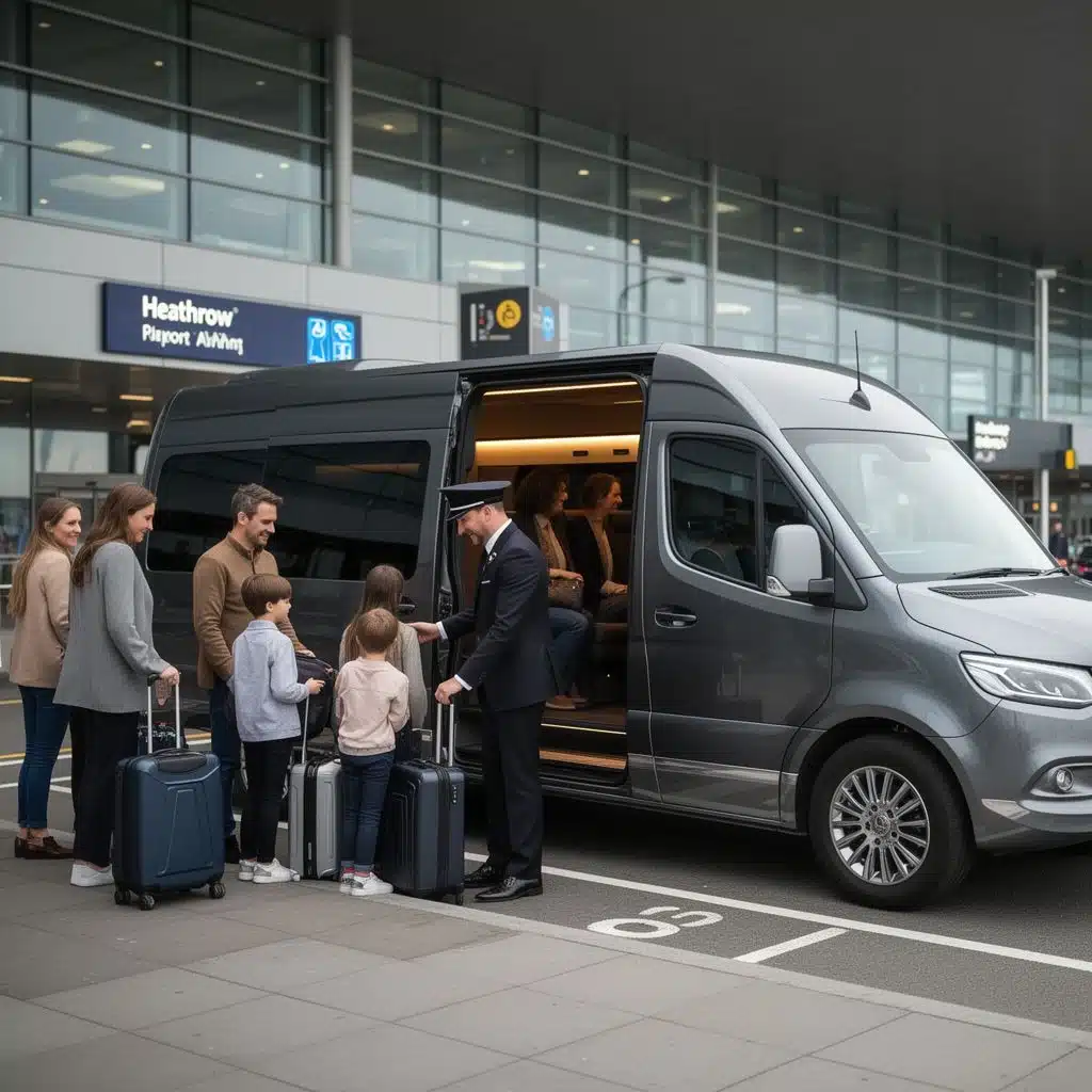 Professional chauffeur assisting passengers with luggage into a luxury minibus at Heathrow Airport in London