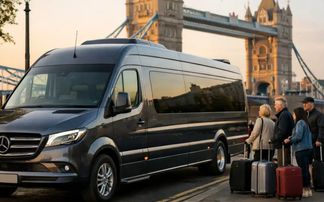 Luxury minibus with driver in London near Tower Bridge for group travel and airport transfers
