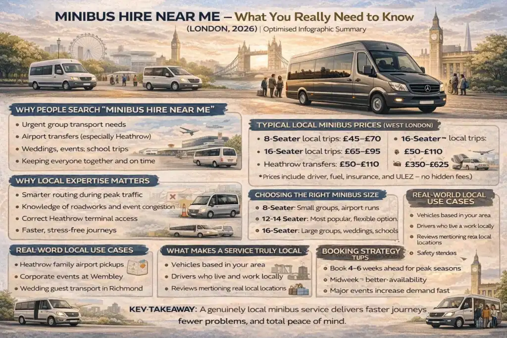 Minibus hire near me infographic explaining local minibus prices, vehicle sizes, Heathrow transfers, and why choosing a reliable local minibus service in London matters