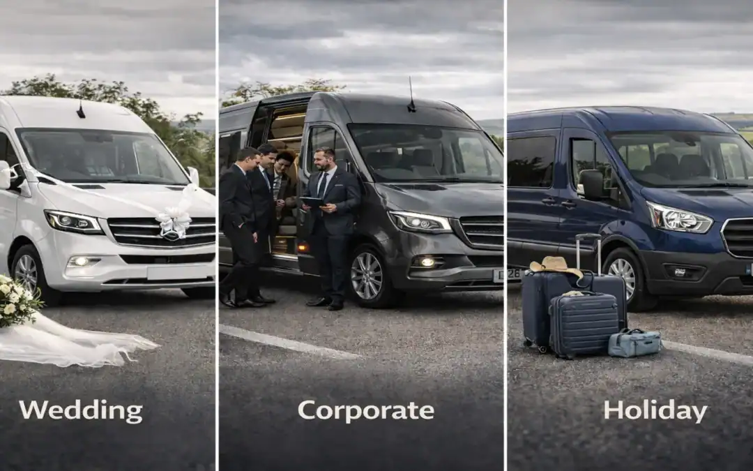 Comparison image showing UK minibus services for weddings, corporate events, and holidays with modern vehicles and professional drivers
