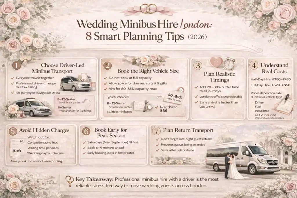 Wedding minibus hire London infographic showing 8 smart planning tips including guest numbers, timings, routes, vehicle size, and professional driver-led transport for wedding guests