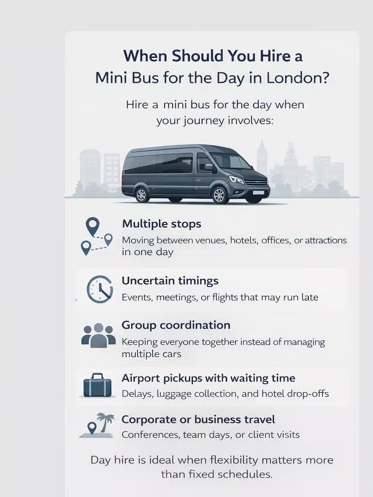Infographic explaining factors that affect mini bus hire for the day in London
