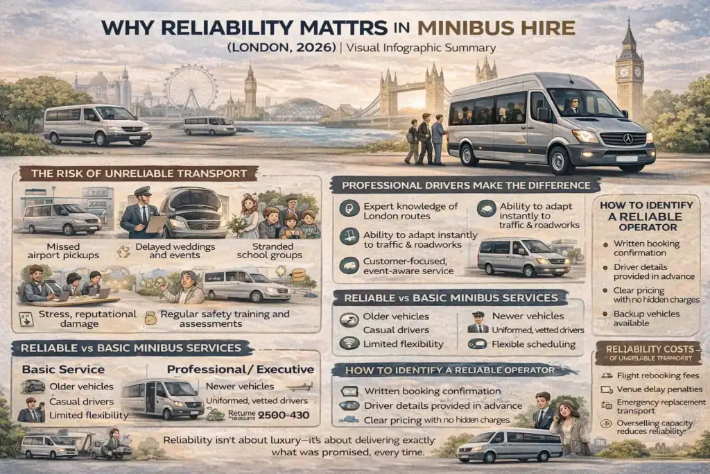 Why reliability matters in minibus hire infographic showing professional drivers, fleet standards, hidden costs of unreliable transport, and how to choose a dependable minibus service in London