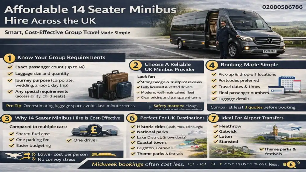 Wide infographic explaining affordable 14 seater minibus hire across the UK, covering booking tips, airport transfers, safety standards, and cost-effective group travel solutions.