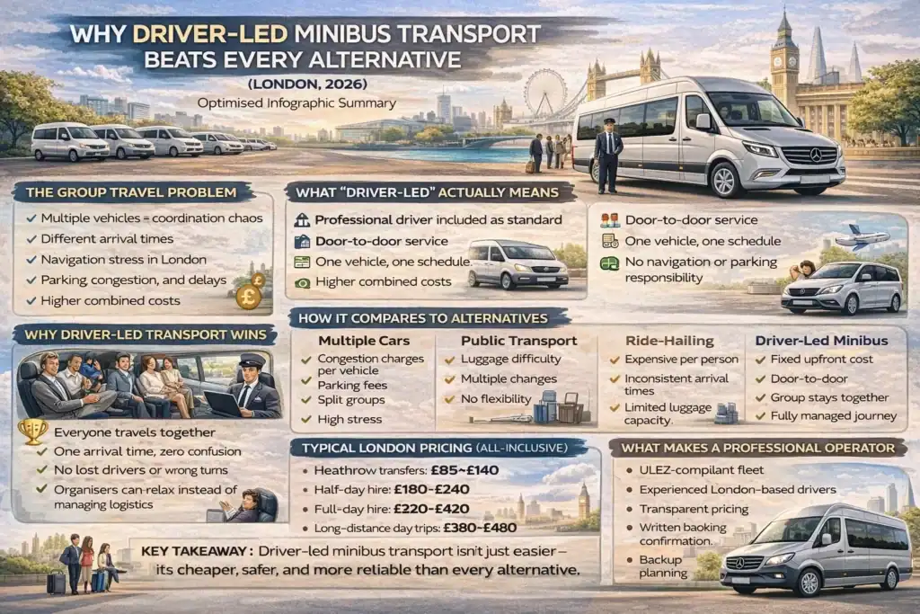 Driver-led minibus transport infographic comparing group travel options, showing why professional minibus hire with a driver is cheaper, safer, and more reliable in London