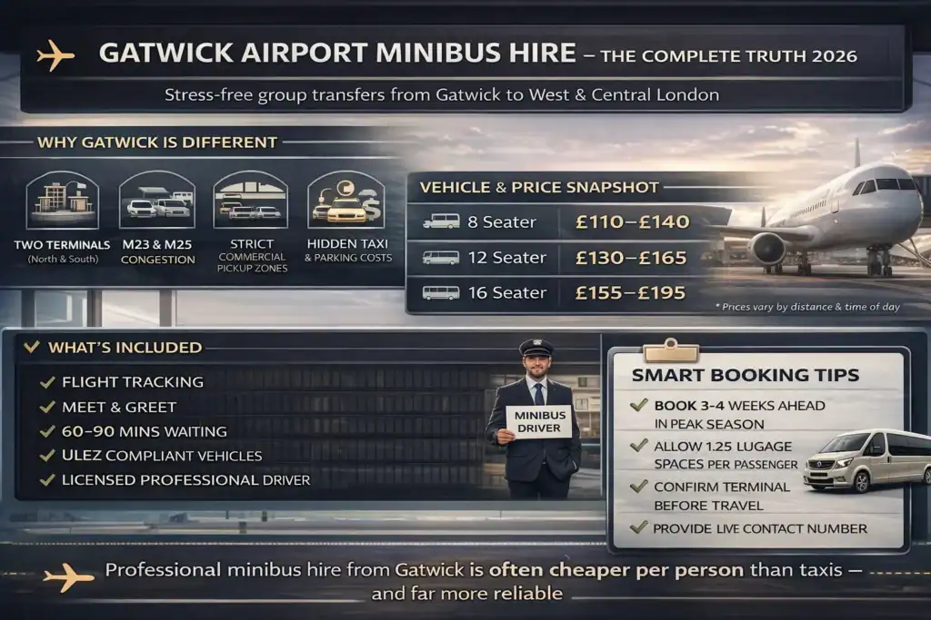 Gatwick airport minibus hire infographic explaining transfer costs, vehicle options, flight monitoring, luggage rules and professional driver-led group transport in 2026