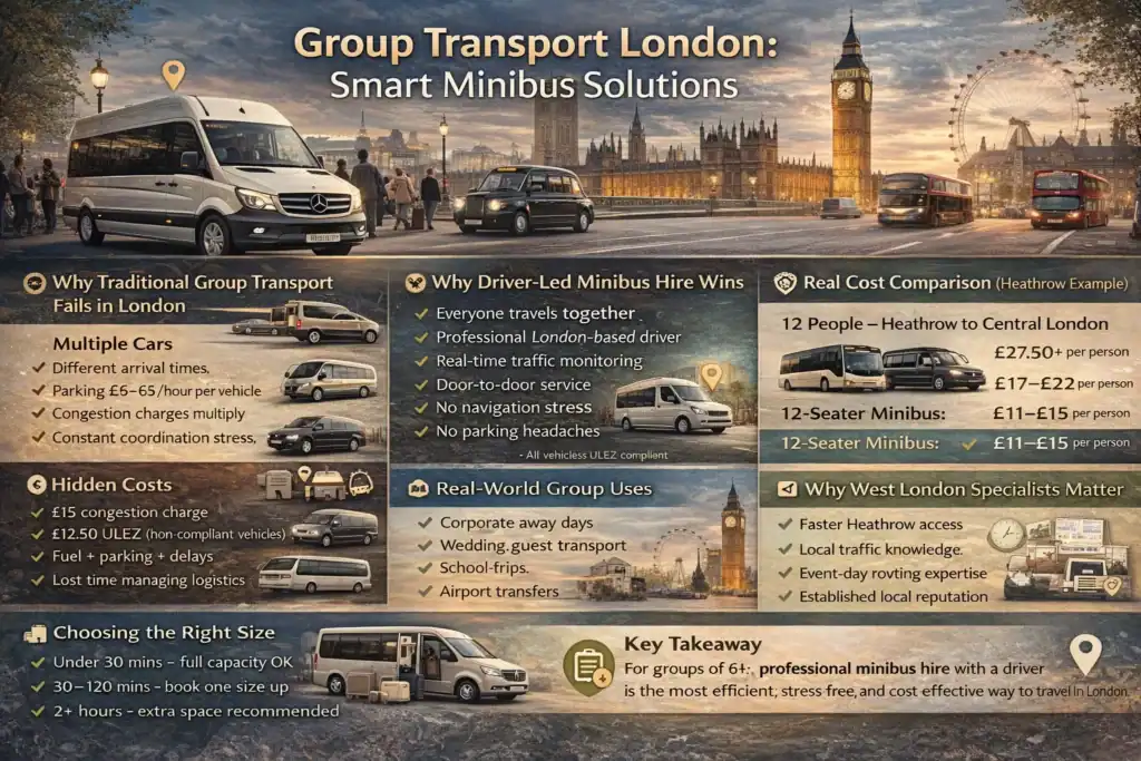 Group transport London infographic showing smart minibus solutions, vehicle options, costs and professional driver benefits for 2026