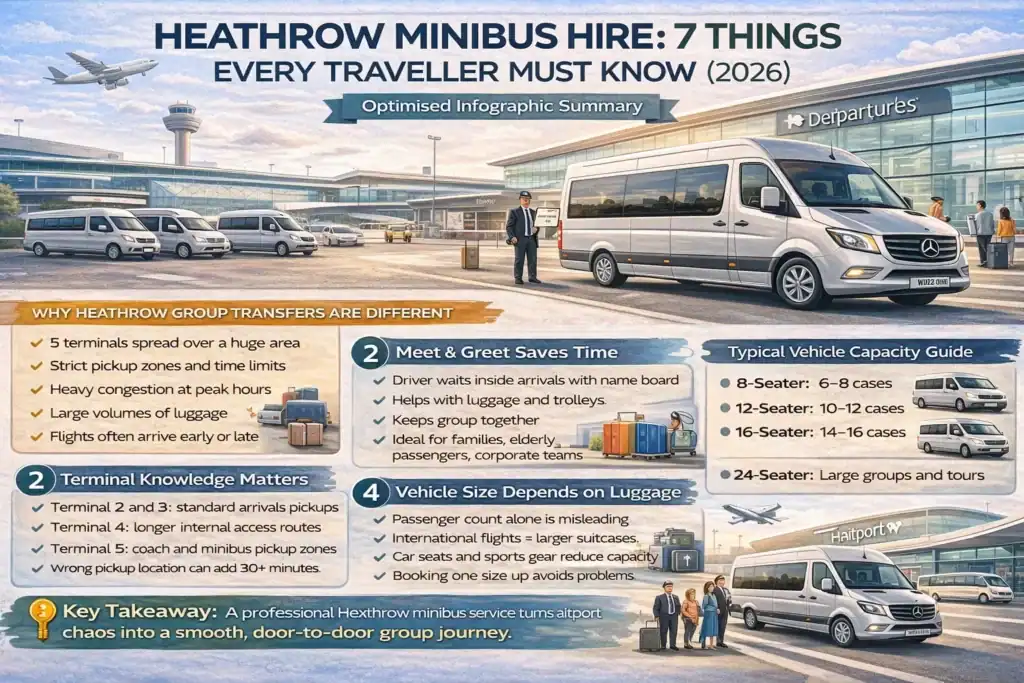 Heathrow minibus hire infographic showing terminal pickups, flight monitoring, luggage capacity, vehicle sizes, ULEZ compliance, and reliable group airport transfers in London