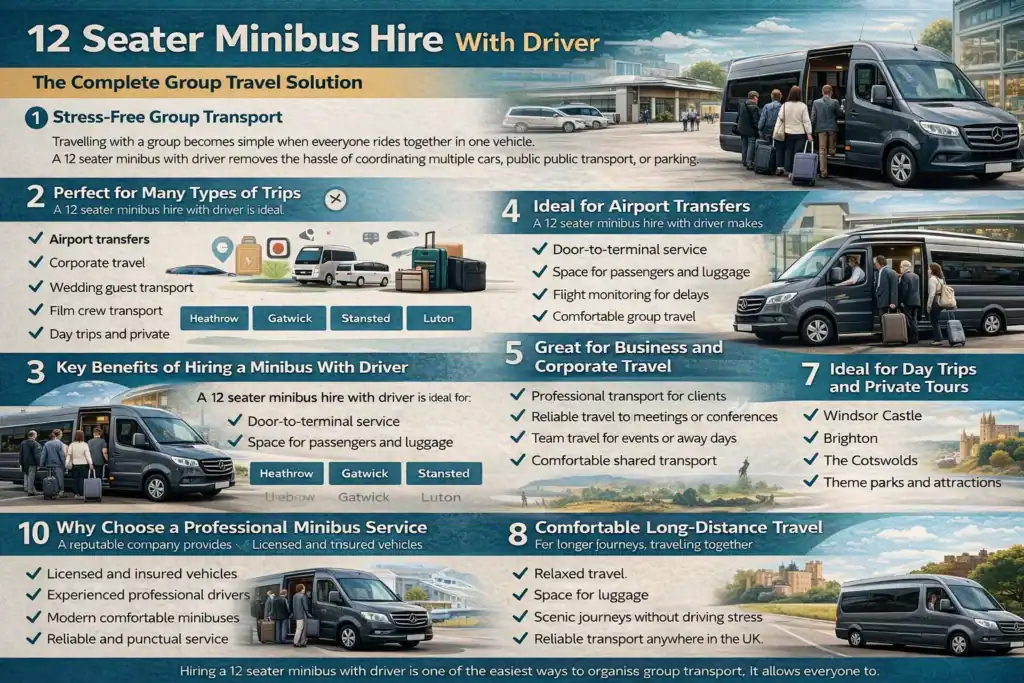 12 seater minibus hire with driver infographic showing benefits of group travel airport transfers corporate travel and day trips