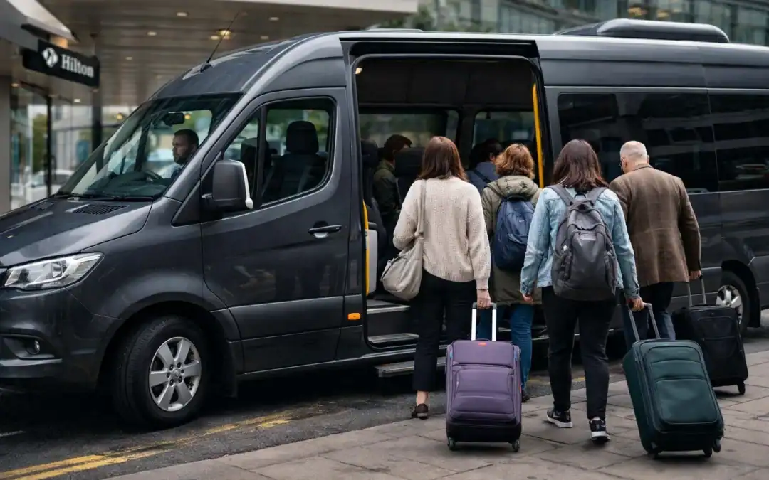 group travellers boarding dark grey 12 seater minibus hire with driver in london with luggage for group transport