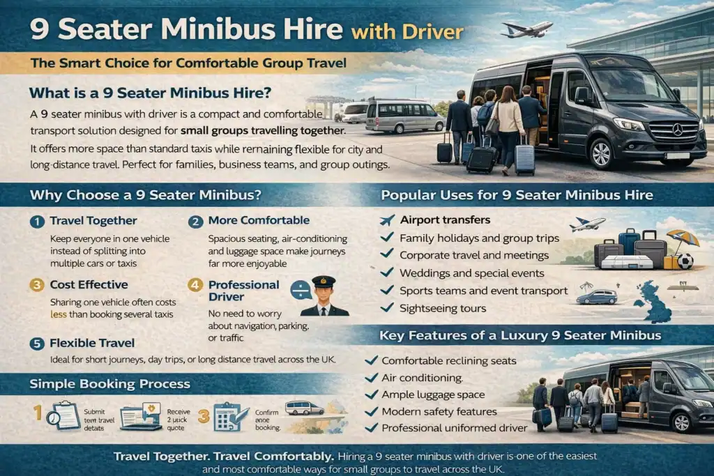 infographic showing benefits of 9 seater minibus hire with driver in the UK including airport transfers group travel comfort cost savings and booking process