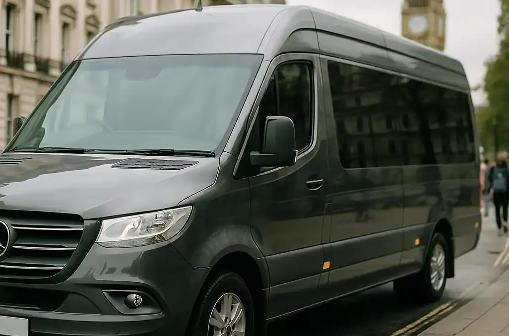 Modern ULEZ compliant minibus on scenic UK countryside road with professional driver during multi-day tour