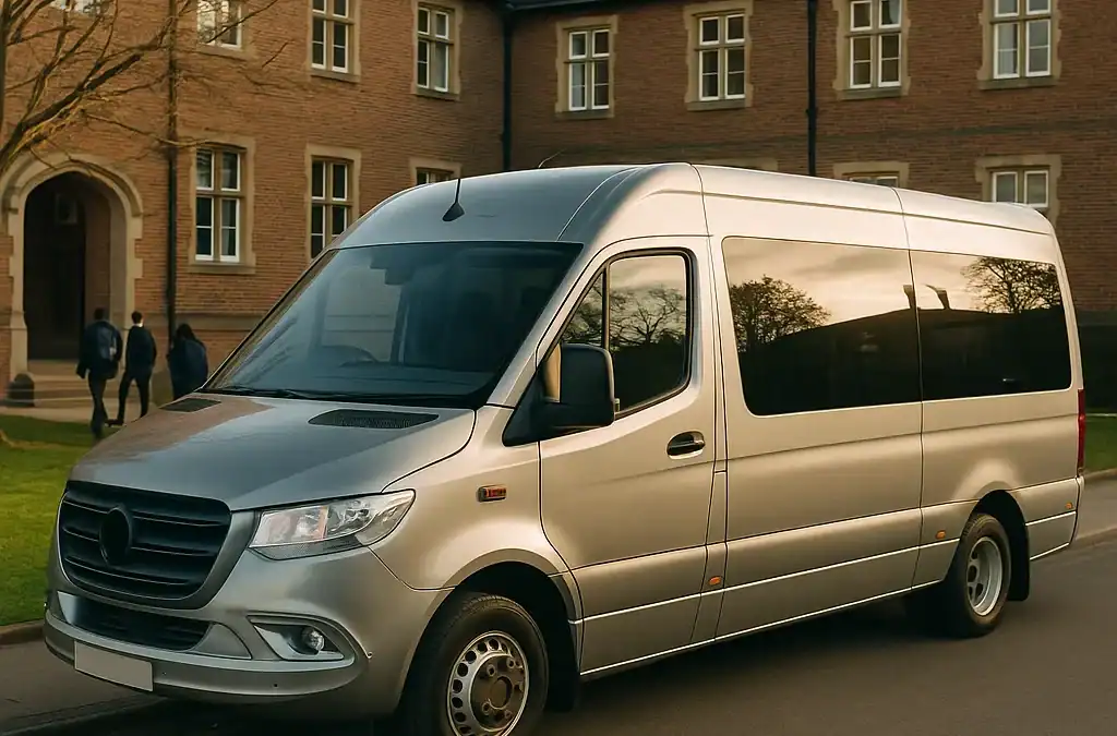 Modern minibus parked outside Windsor Castle gates with professional driver for group day trip from London