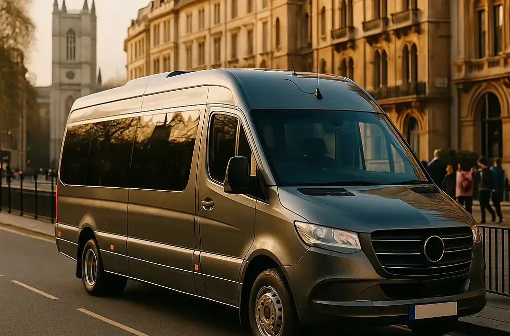 Private minibus parked at Stonehenge with tourists exploring the ancient stone circle on a sunny day