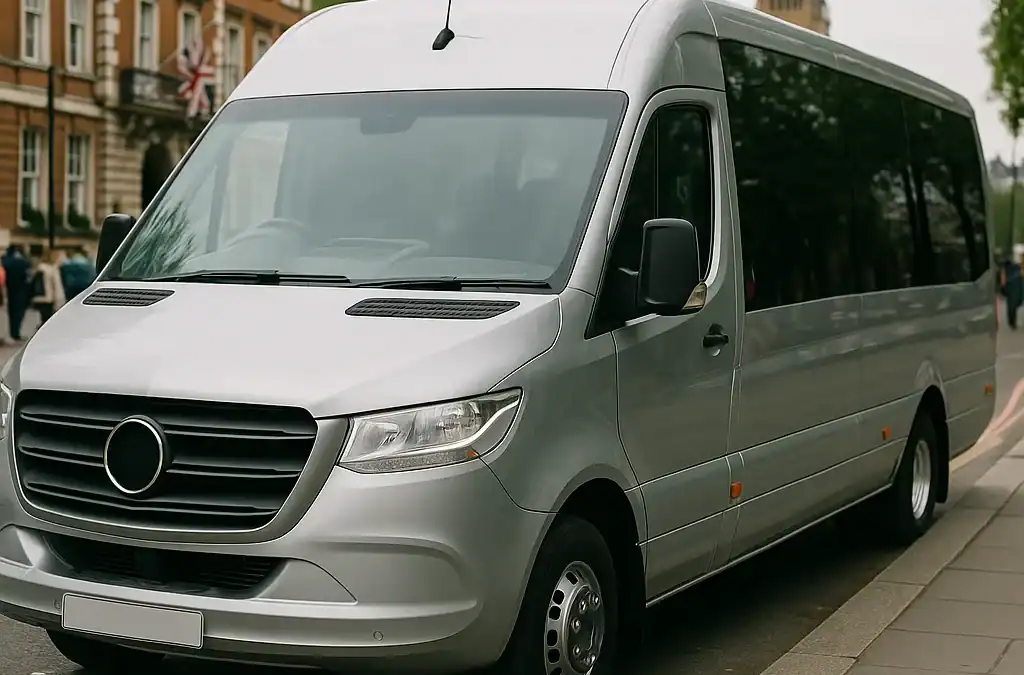 Luxury private minibus driving through picturesque Cotswolds village with honey-coloured stone cottages