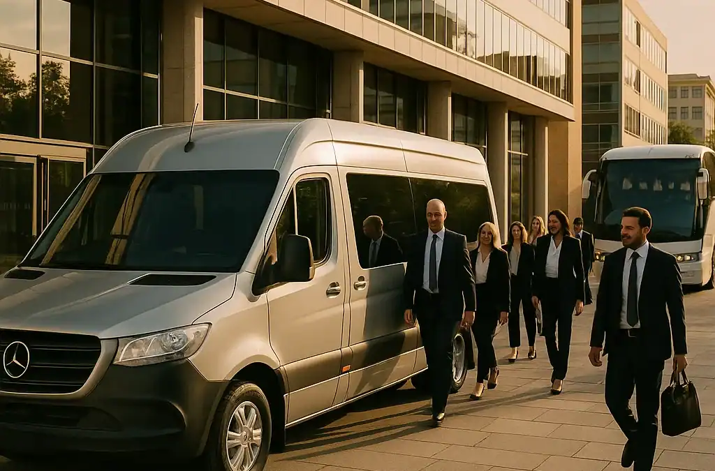 Executive minibus and full size coach parked side by side in West London showing size comparison