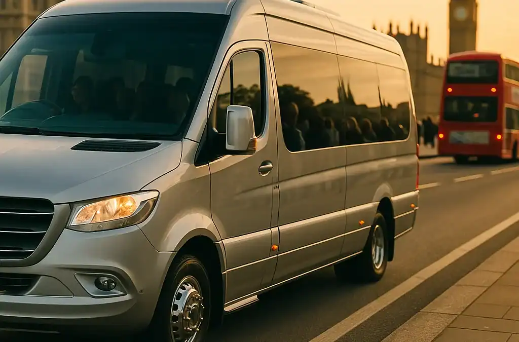 Modern minibus travelling from East London to West London venue with professional driver