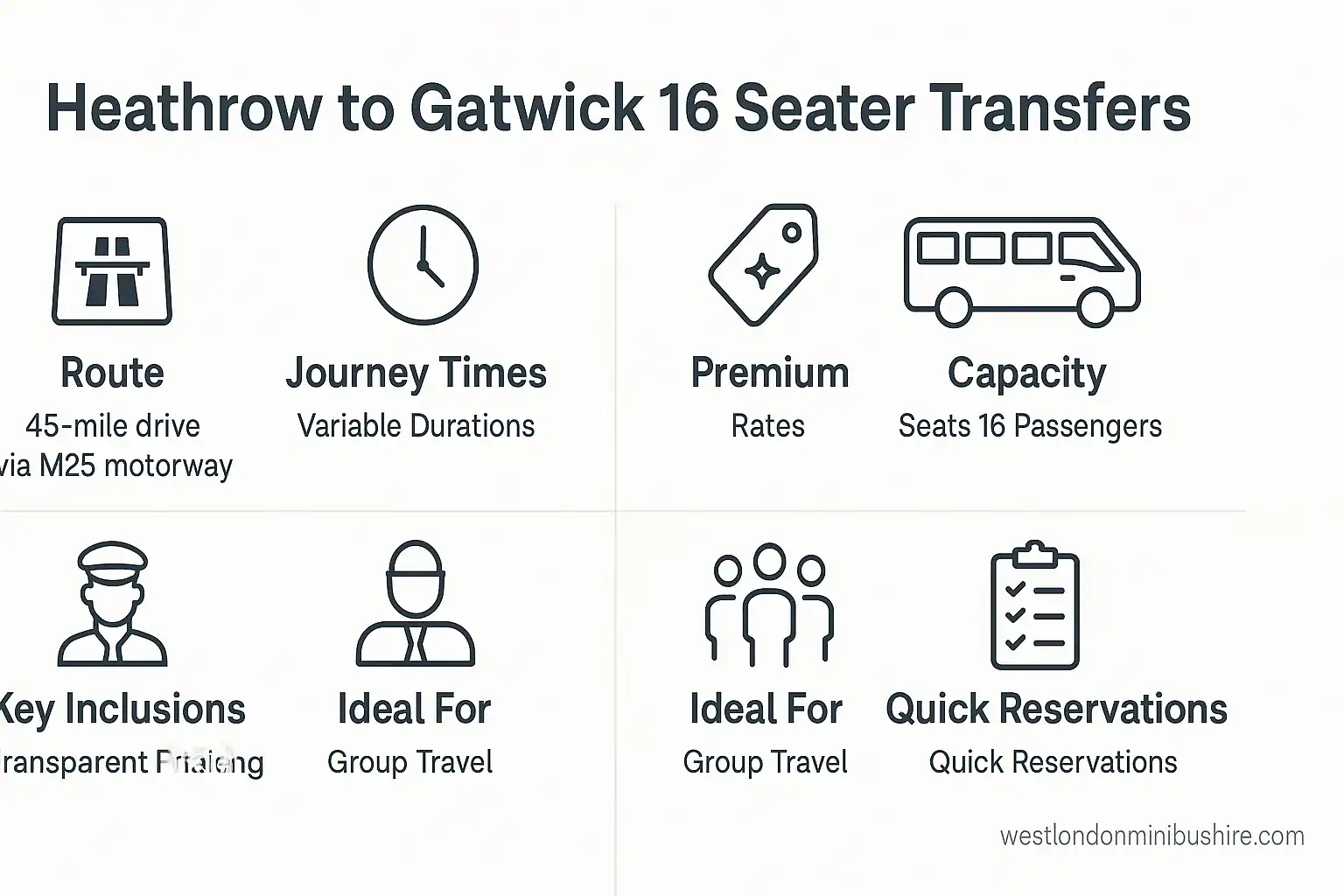 Infographic summary: The Complete Guide to Heathrow Gatwick 16 Seater Transfers