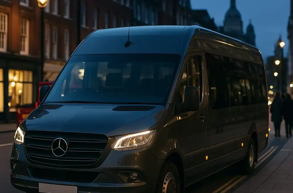 Modern ULEZ compliant minibus driving through West London on a clear day with clean air visible