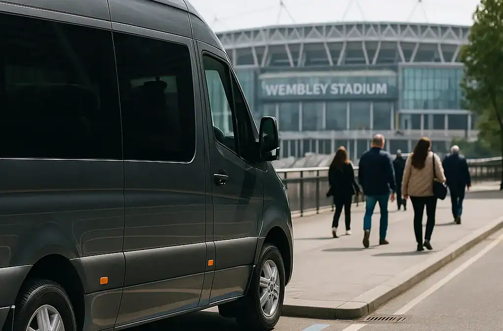 Professional minibus dropping off passengers at Wembley Stadium event with driver assistance