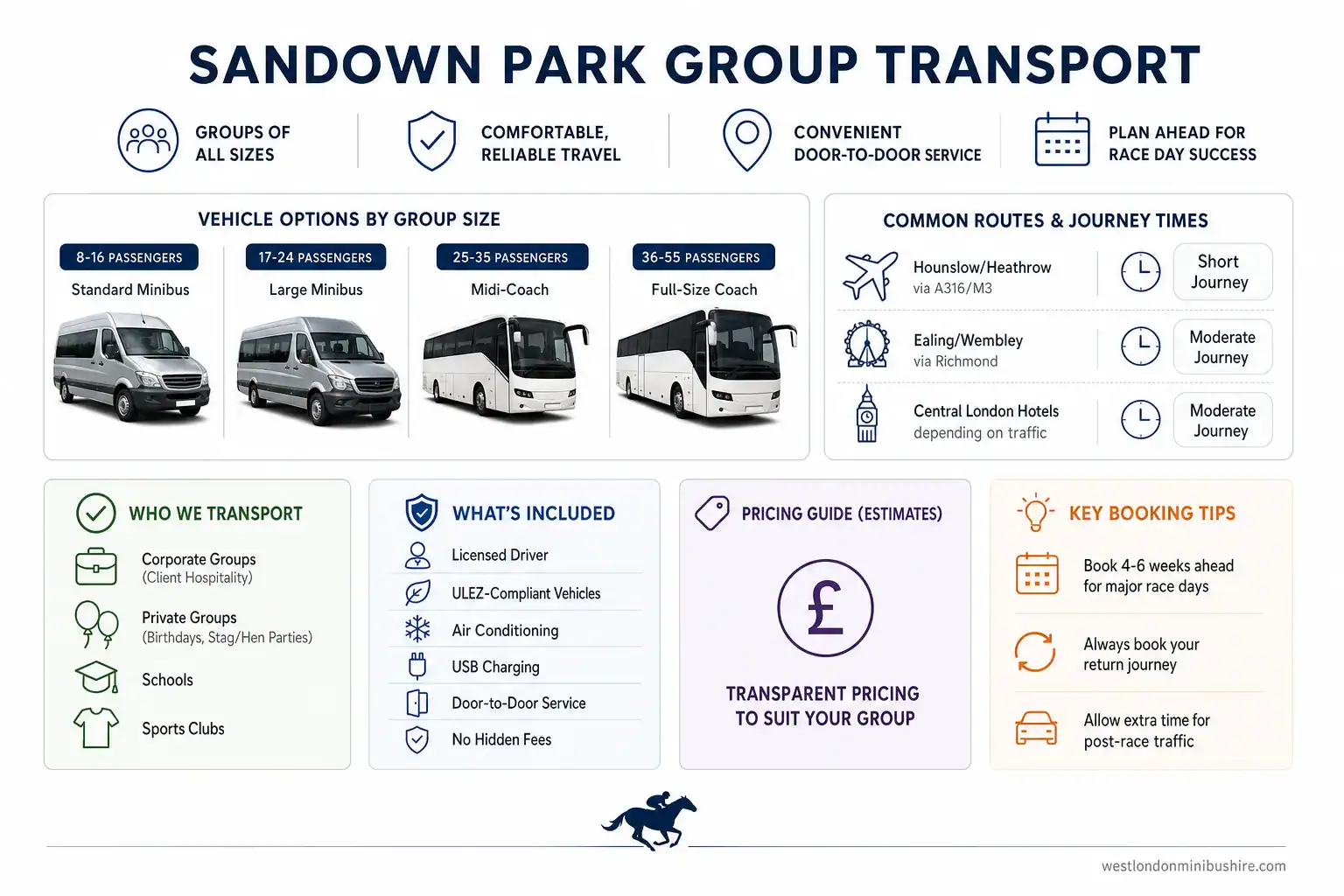 Infographic summary: The Complete Guide to Stress-Free Sandown Park Group Transport