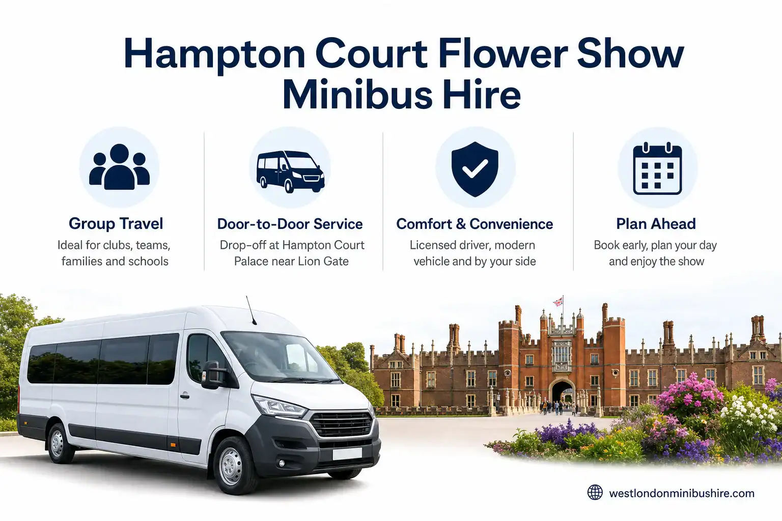 Infographic summary: Your Complete Guide to Stress-Free Hampton Court Flower Show Minibus Hire
